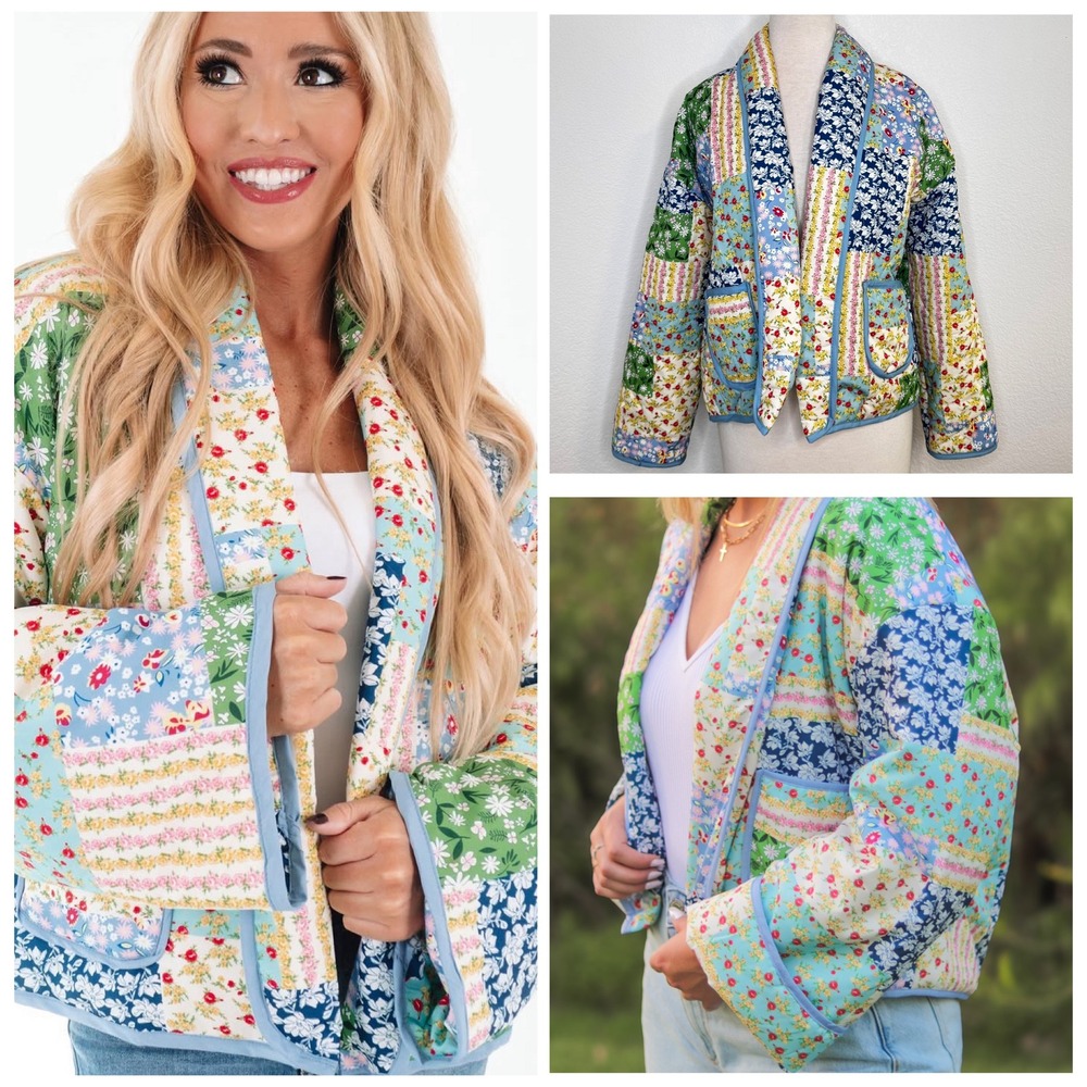 Womens Floral Quilted Patchwork Jacket Coat Size M Cottagecore Bohemian Preppy